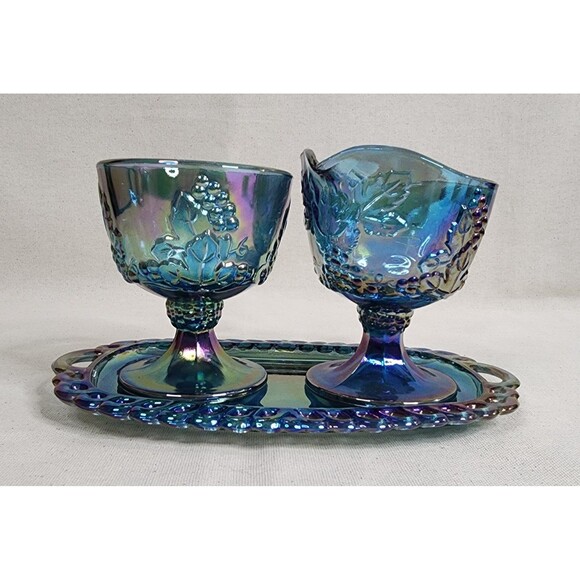 Vintage Indiana Glass Harvest Grape Blue Carnival Glass Creamer Sugar & Tray Set - Picture 2 of 16